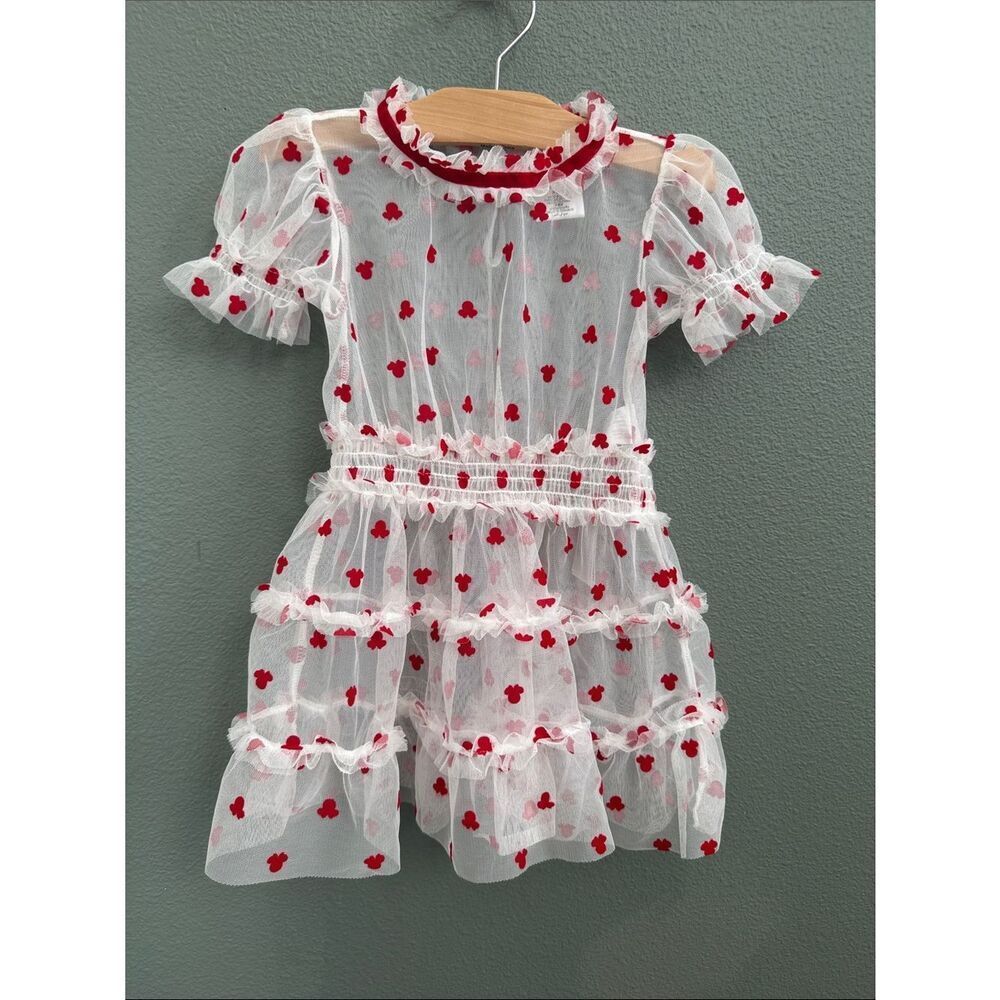 Sheer White Tulle Overlay Dress with Red Minnie Mouse Velour Appliqué Sz 3T